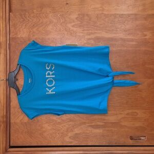 MICHAEL Michael Kors Milos Blue Gold Studded Logo Tie-Front Tee, Size XL